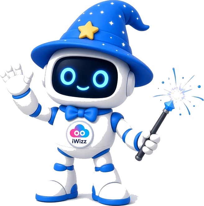 Wizz, the iWizz robot mascot with wizard hat and iWizz logo