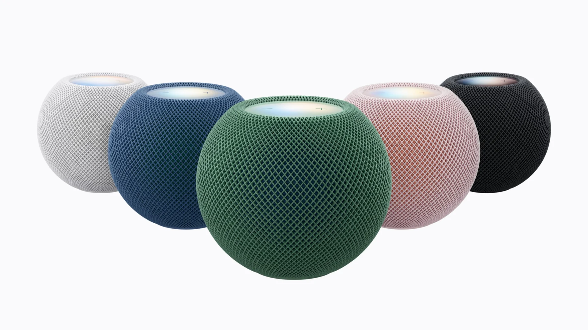 HomePod mini 2 in pink, green, blue, white, and midnight