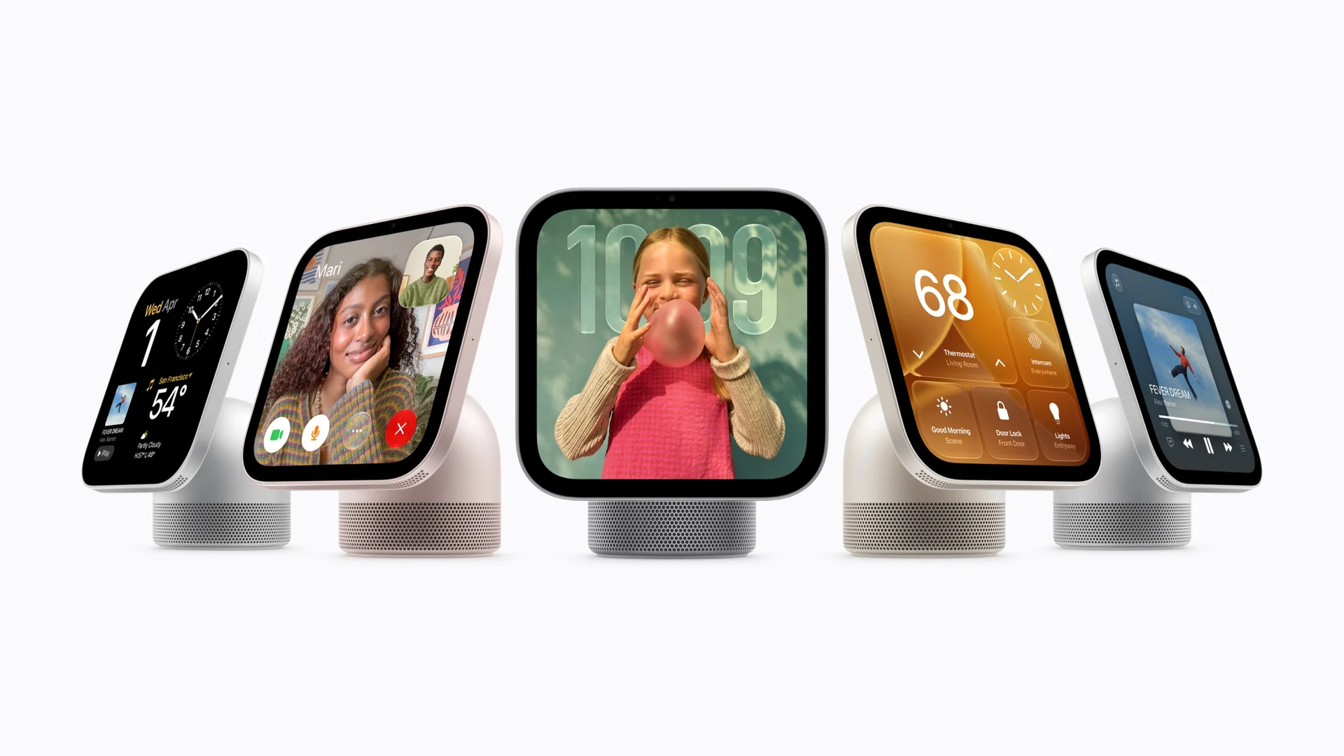 Apple HomeView tabletop and wall-mounted models in silver, starlight, rose pink, and space grey