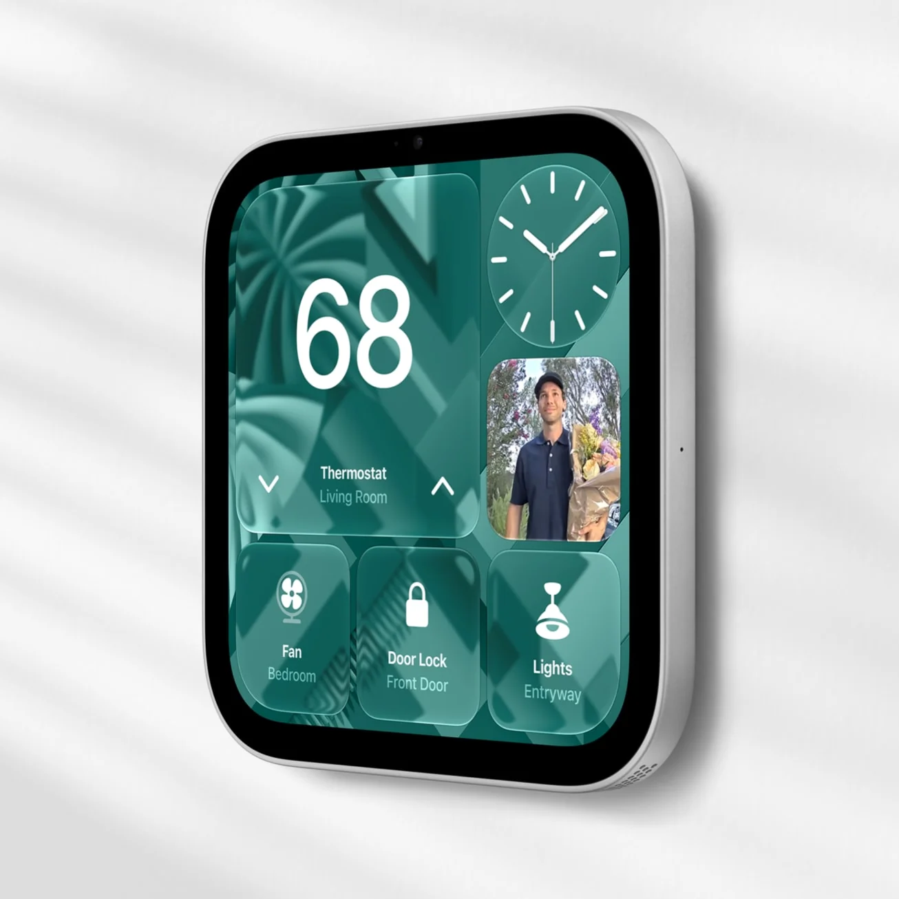Wall-mounted Apple HomeView attached with Schneider Home power mount