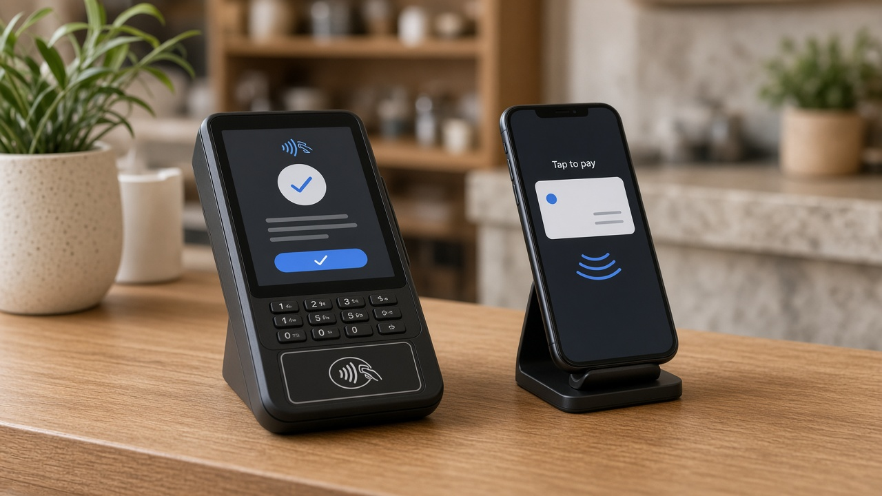 Generic card terminal and smartphone tap-to-pay on a retail counter