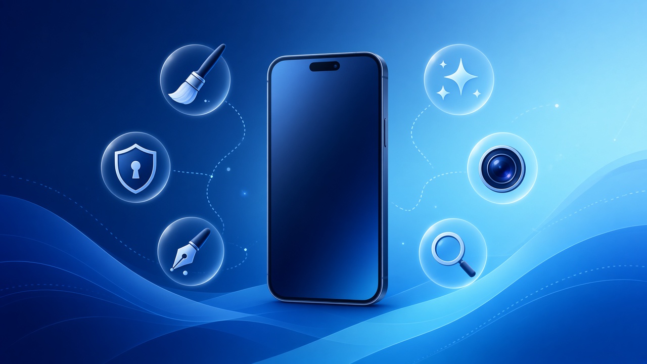 Abstract illustration of a smartphone with AI and productivity tool icons