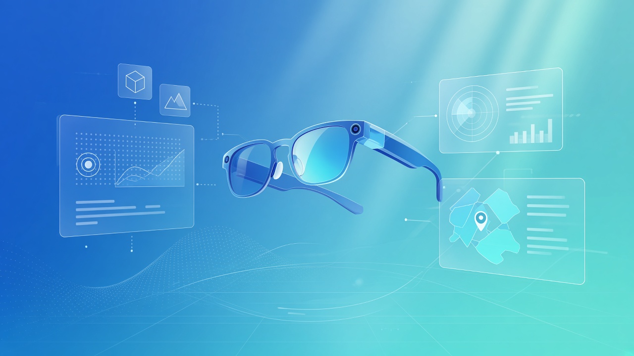 Abstract illustration of lightweight glasses and floating spatial UI panels