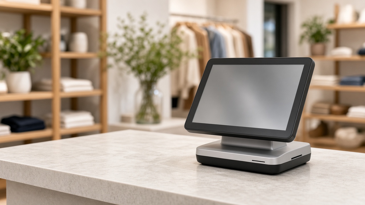 Modern POS terminal on retail counter in Australian store