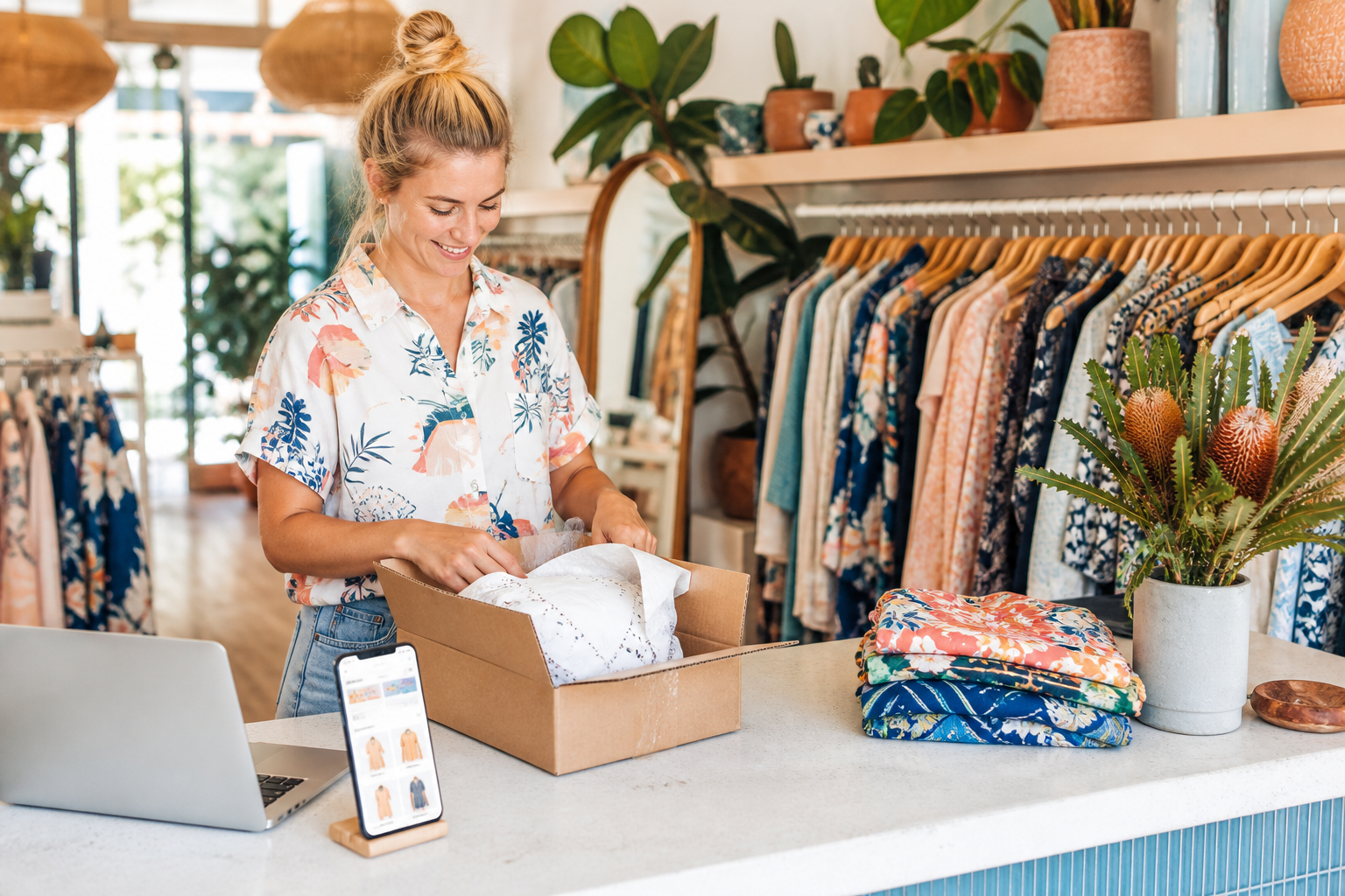 Boutique packing an online order
