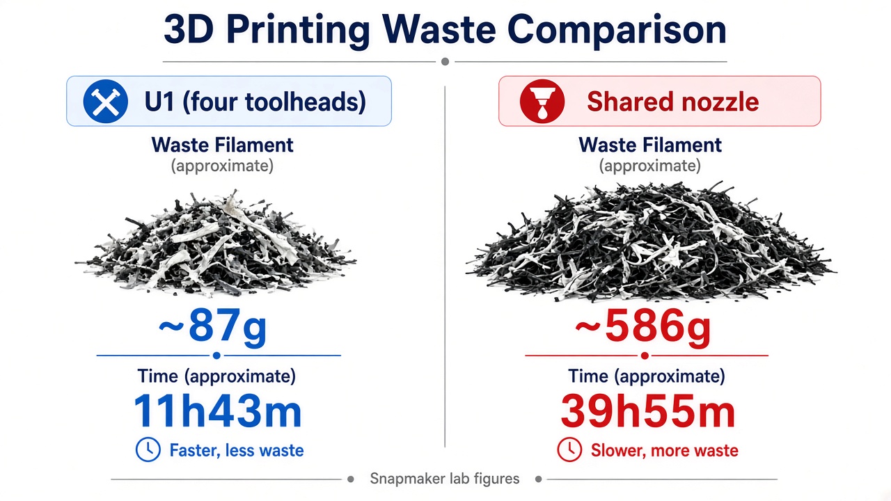 Waste comparison: Snapmaker U1 versus shared-nozzle printer (Snapmaker lab figures)